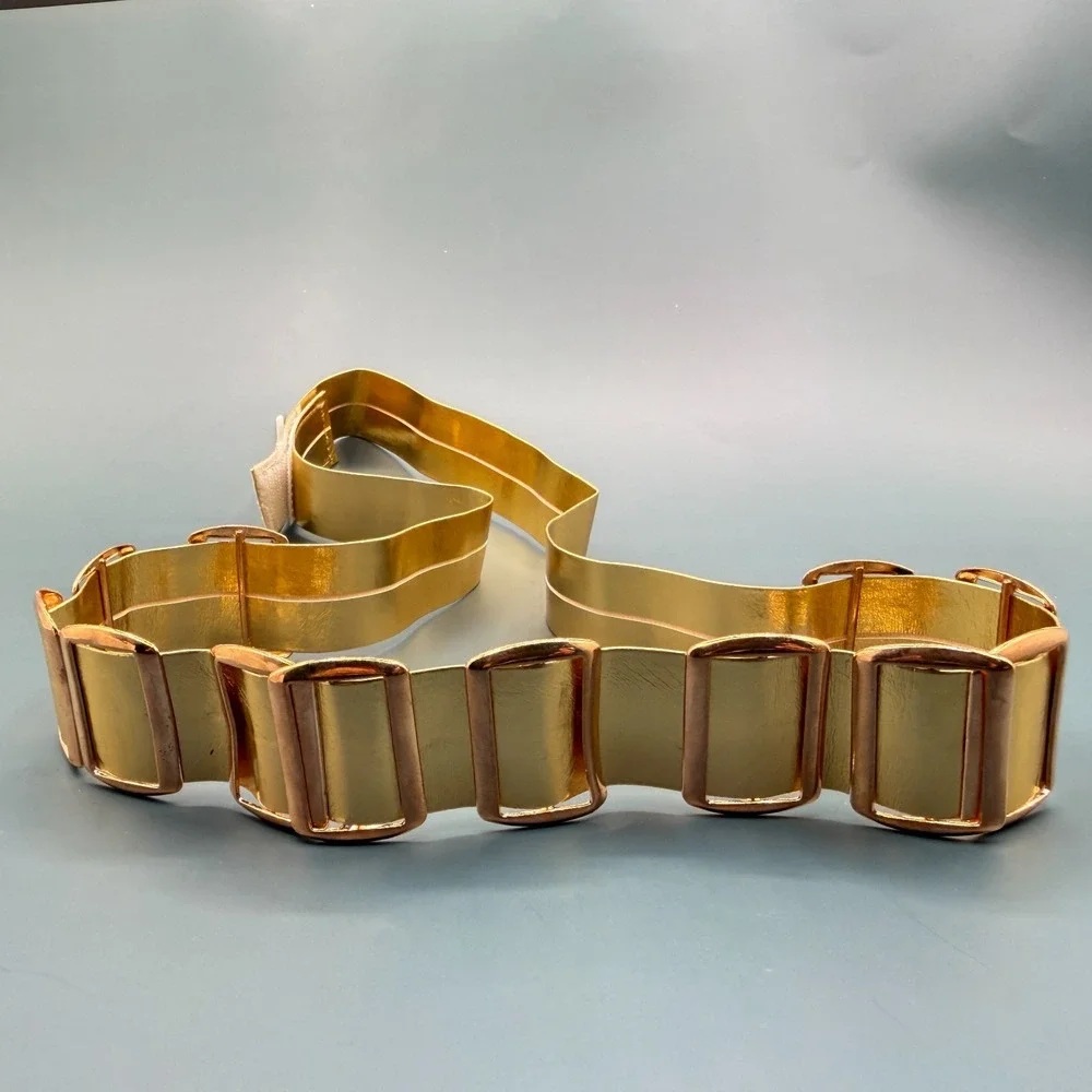 Gold Tone Wide Waist Belt Rectangular Accents Statement Vintage Retro Costume